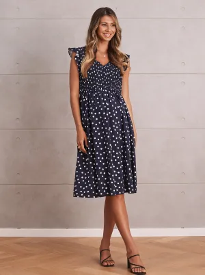 Donna Linen Navy Polka Dot Maternity Midi Dress