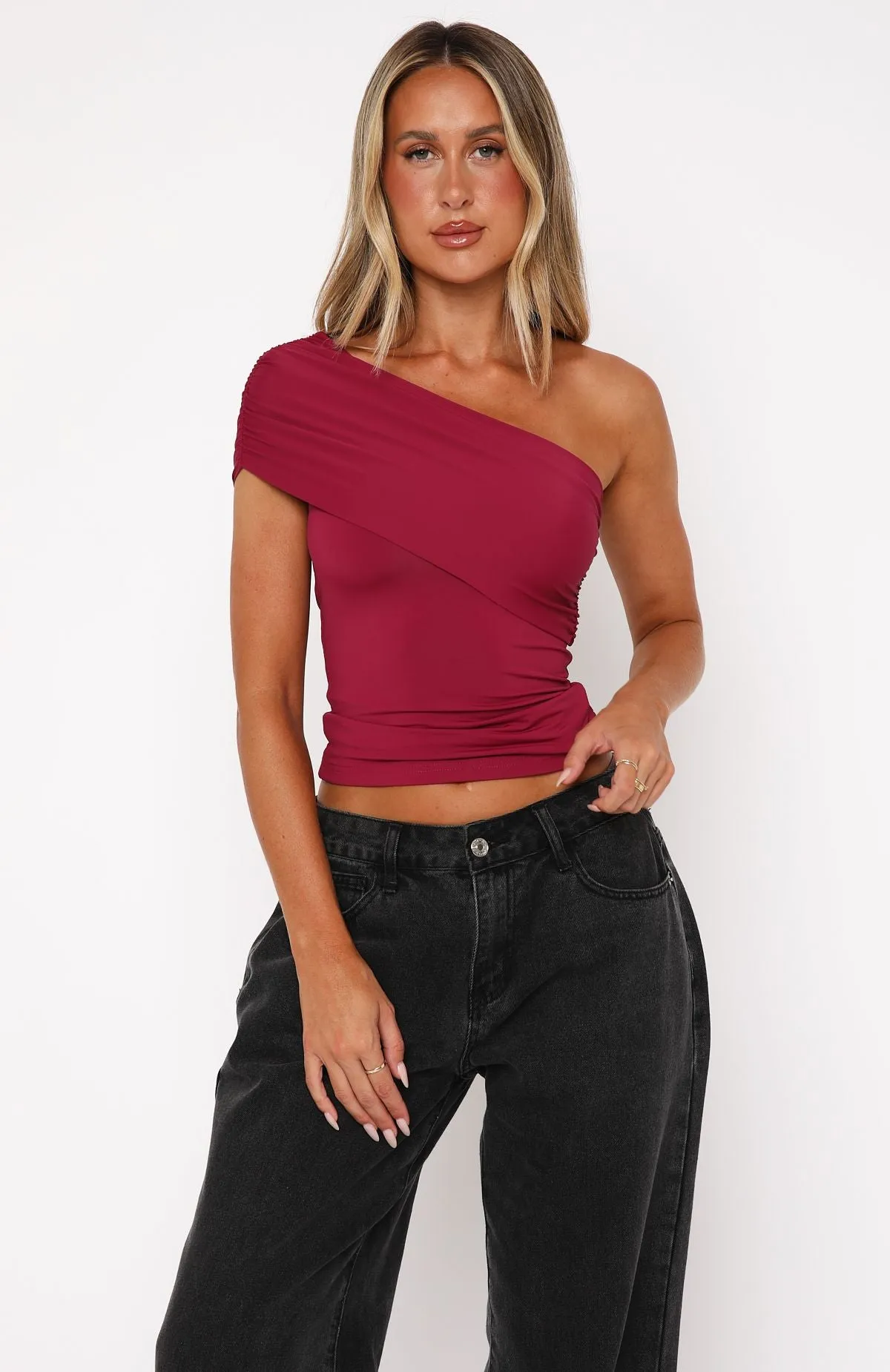 PreWashed Don't Worry About It One Shoulder Top Berry