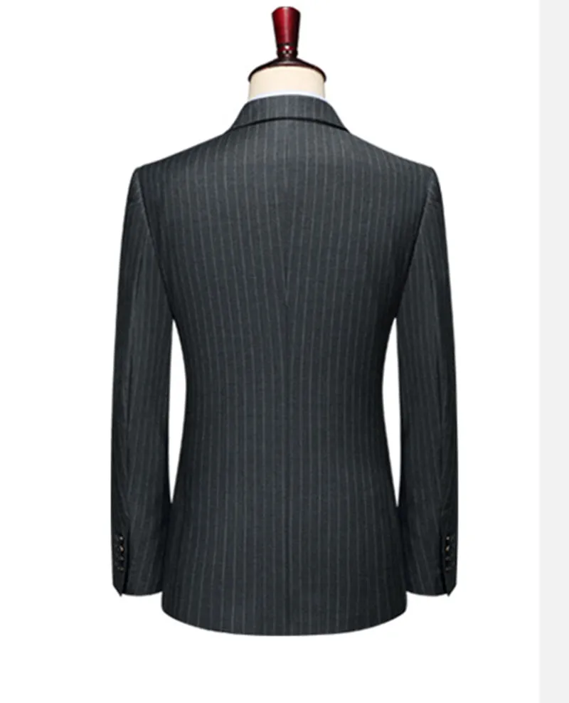 Double Breast Black Men peak Lapel Grey Stripe Men Suits Tuxedos 2 Pieces