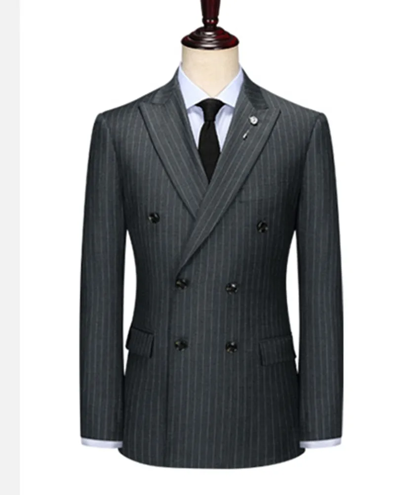 Double Breast Black Men peak Lapel Grey Stripe Men Suits Tuxedos 2 Pieces