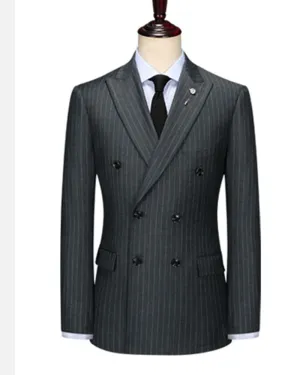 Double Breast Black Men peak Lapel Grey Stripe Men Suits Tuxedos 2 Pieces