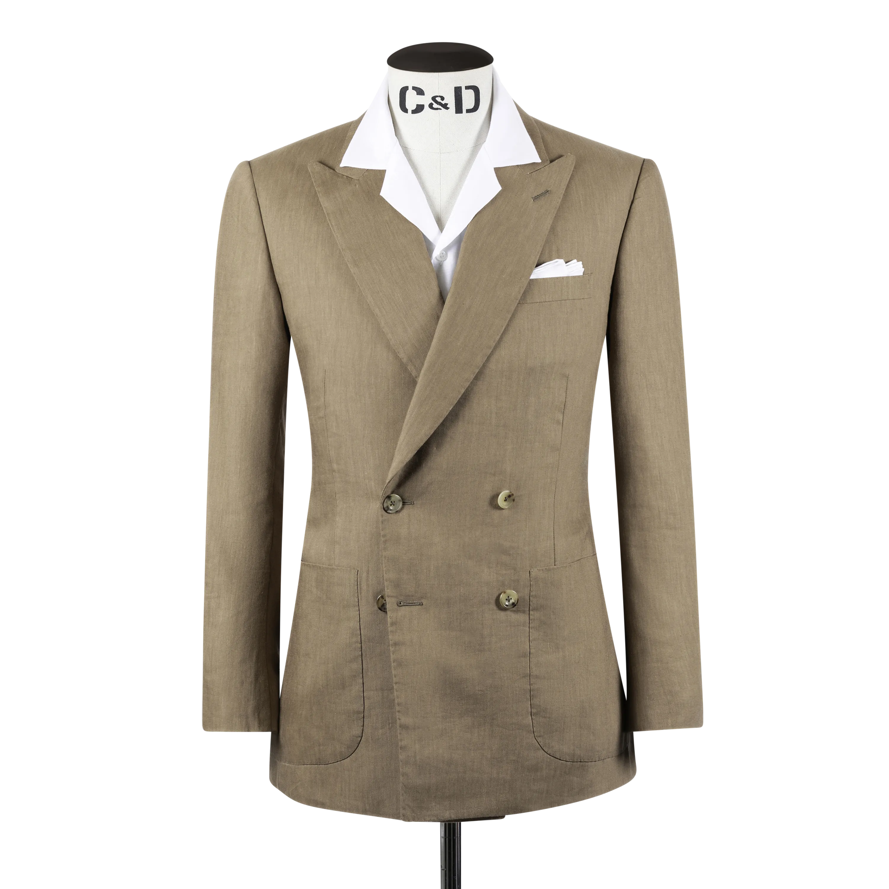 Double Breasted Peak Lapel Suit in Tobacco Wool, Silk and Linen