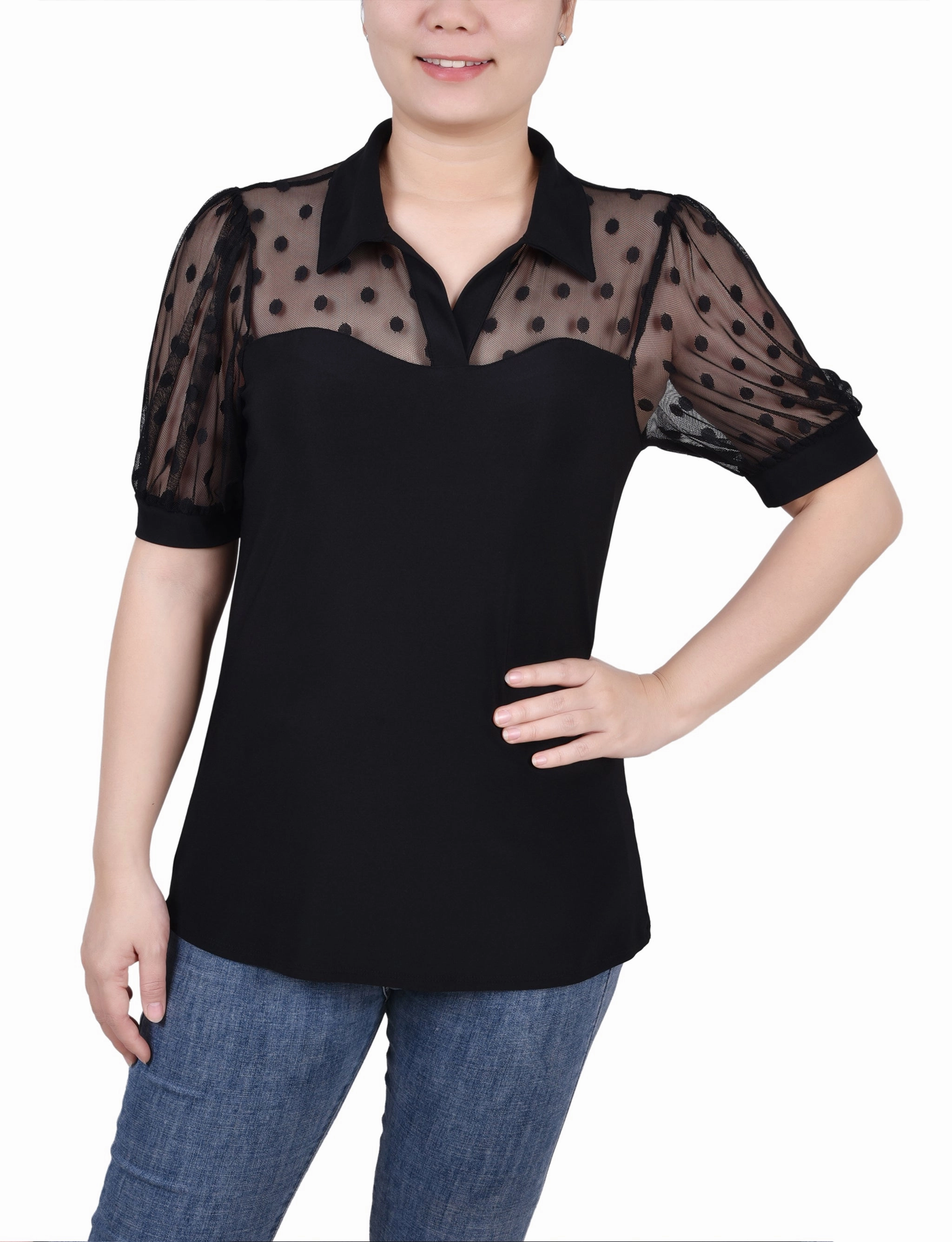 SweatAbsorbent DoubleStitched Hemming Petite Short Sleeve Top With Dotted Mesh
