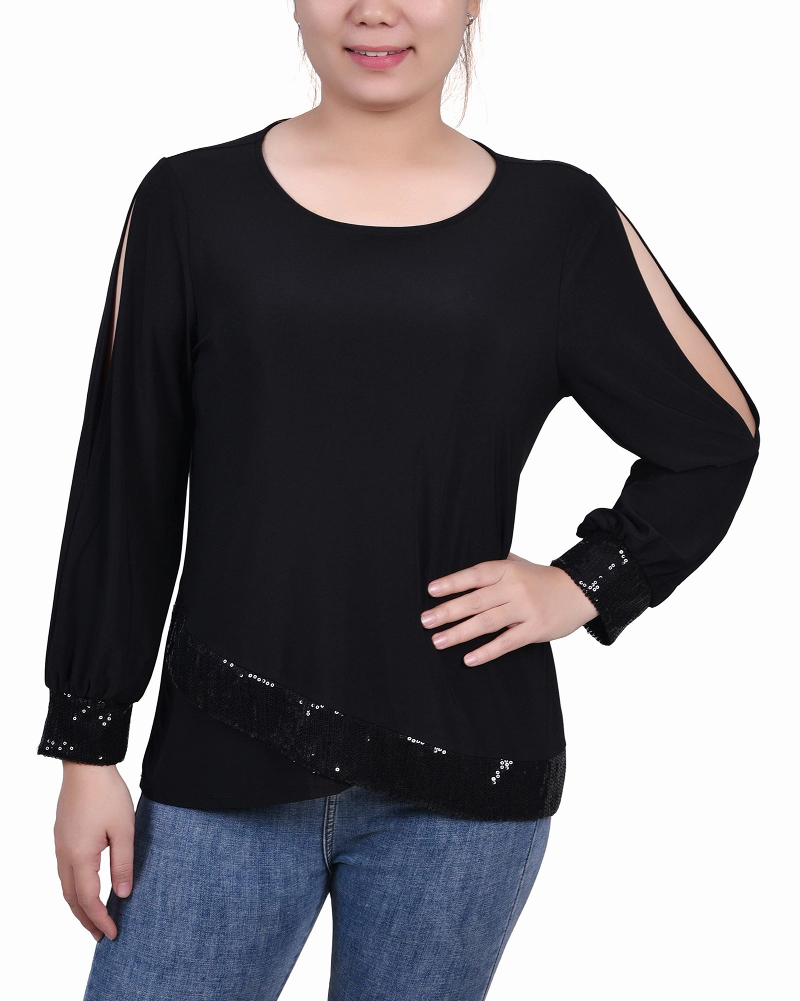 Anti Pilling Petite Long Sleeve Knit Top With Sequin Hem