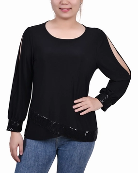 Ribbed Hemline Relaxed Hoodie Petite Long Sleeve Knit Top With Sequin Hem