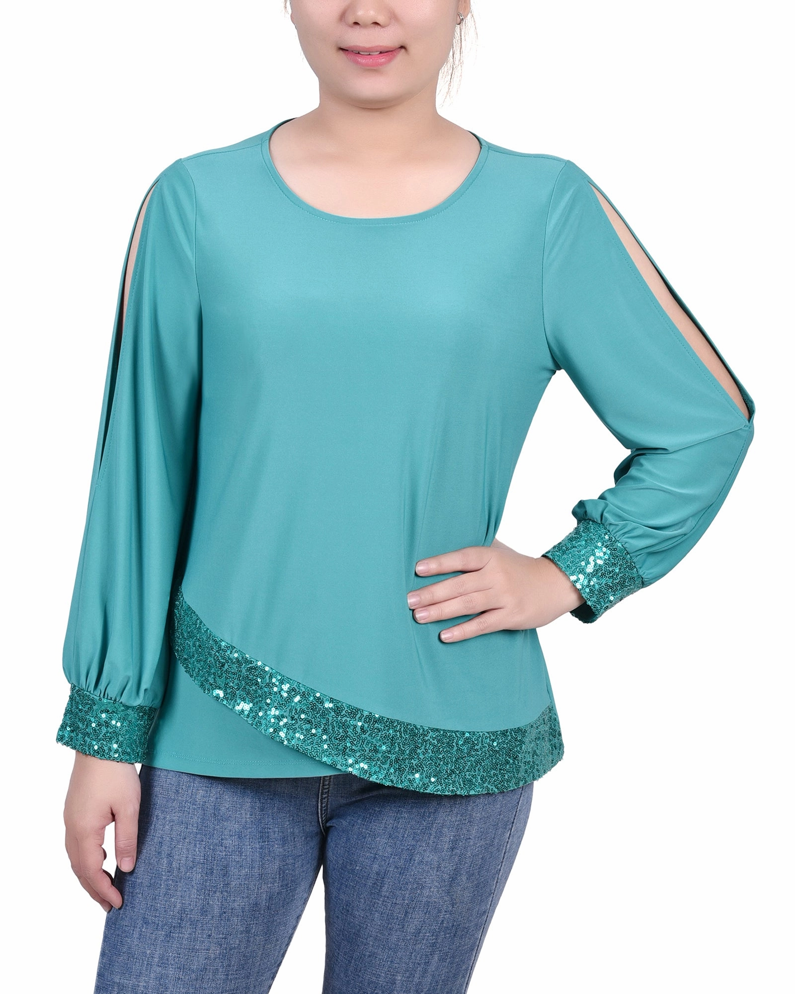 Petite Long Sleeve Knit Top With Sequin Hem YarnDye Technique Stretch Blouse
