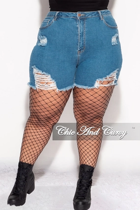 Clean Cut SecureCargoPockets Final Sale Plus Size Distressed Shorts in Denim