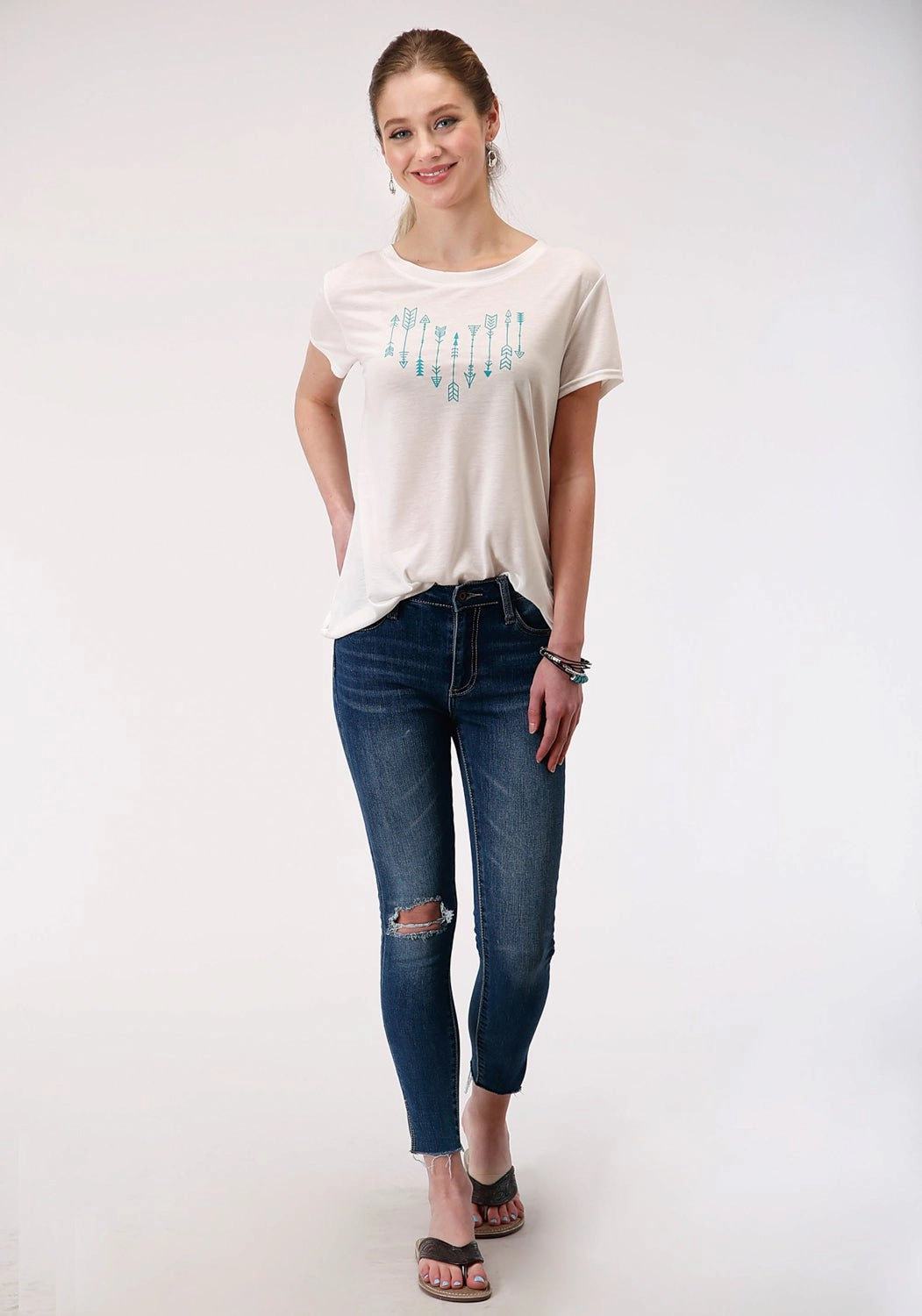 Laser Cut Edge Detail Roper Womens Cream Poly/Rayon Arrow Screenprint S/S T-Shirt