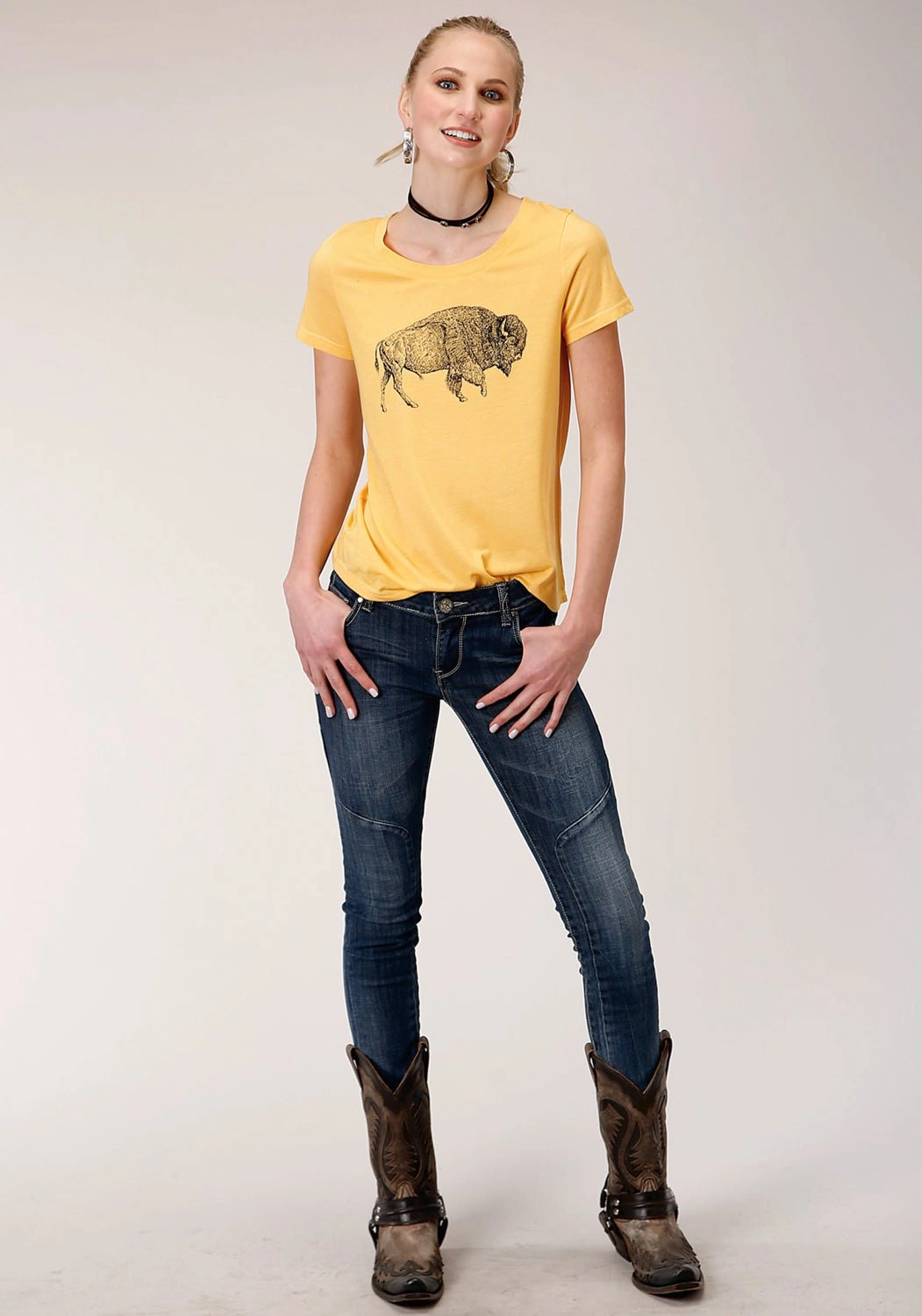 Roper Womens Yellow Poly/Rayon Buffalo S/S T-Shirt Polo Style