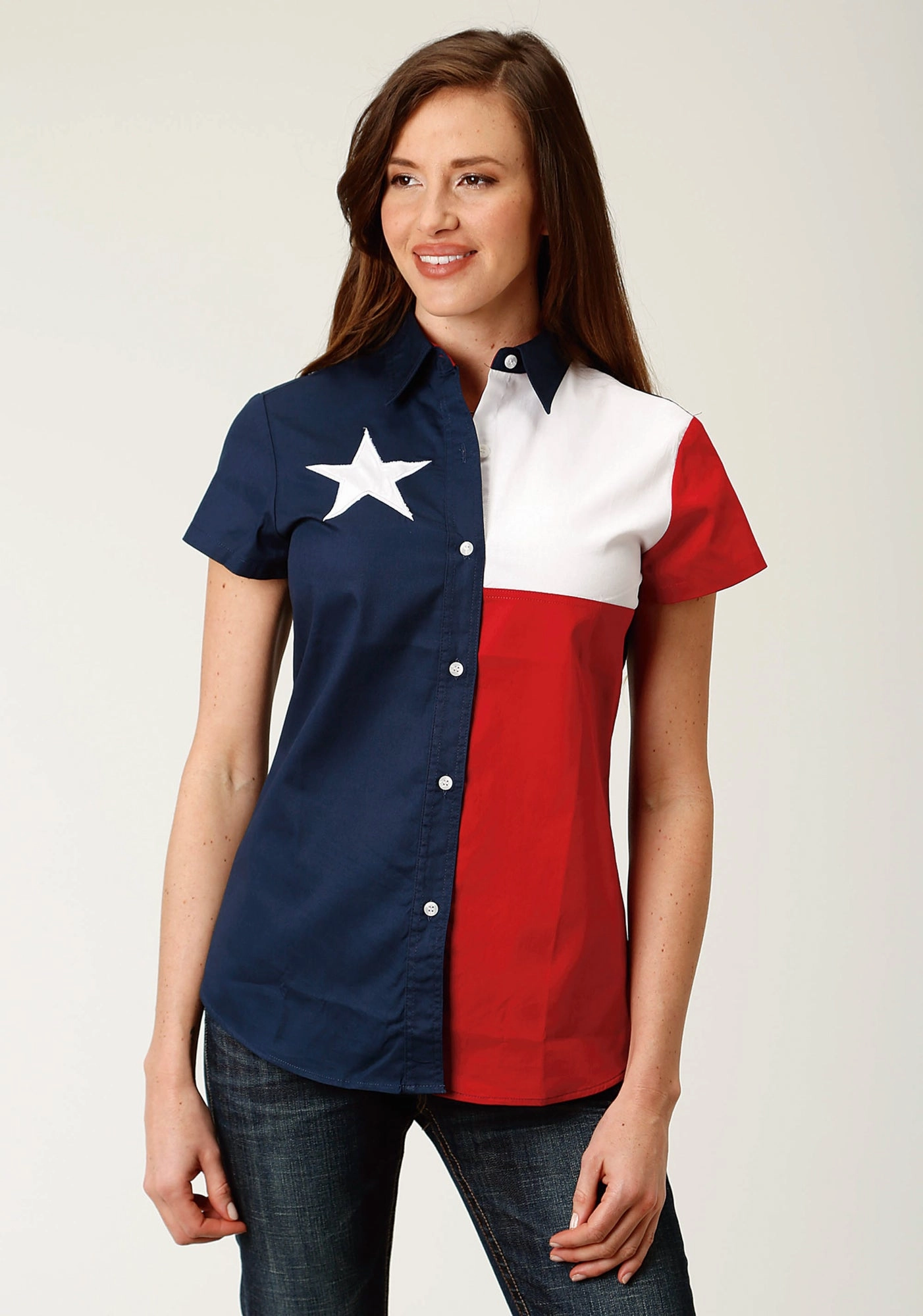 Roper Womens Red/Blue 100% Cotton Texas Flag BD S/S Shirt birthday party Seamless Shoulder Construction