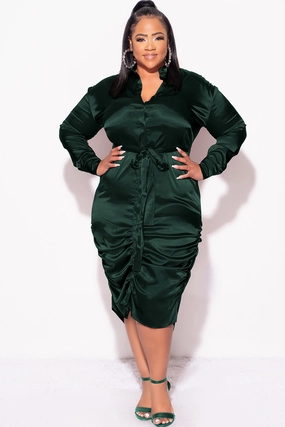 Street Inspired OrganicCotton Final Sale Plus Size Satin Collar Button Up Dress with Attached Belt and Ruched Bottom in Hunter Green