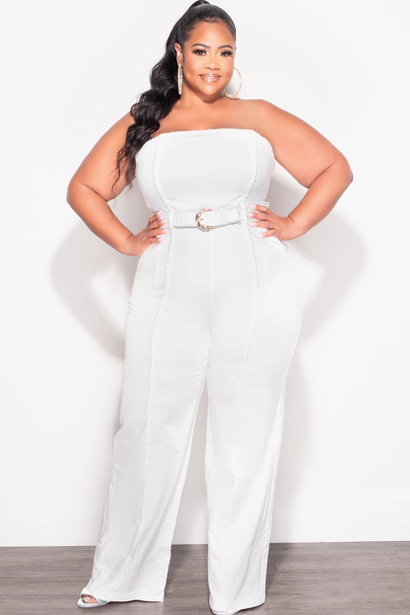 AbrasionResistantFabric Sporty Design Final Sale Plus Size Strapless Floral Applique Jumpsuit in White Denim