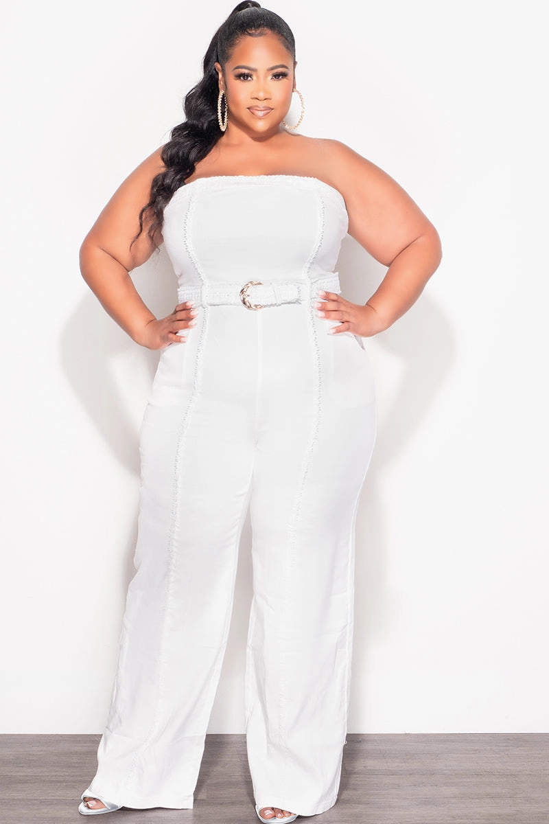 Final Sale Plus Size Strapless Floral Applique Jumpsuit in White Denim Effortless Layer Layered Protection