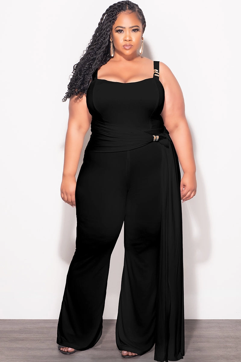 Final Sale Plus Size Jumpsuit with Gold Detail and a Sash in Black Functional Stretch