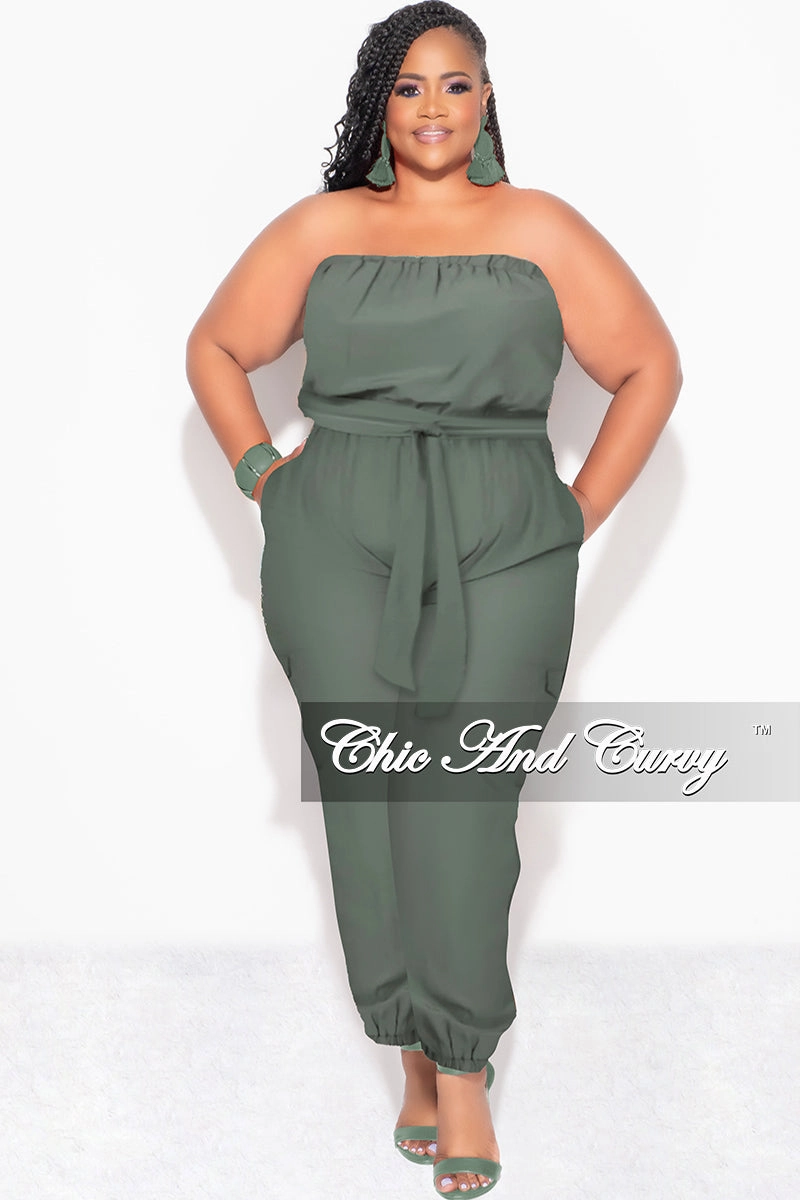 Final Sale Plus Size Strapless Jumpsuit with Tie in Olive FrictionResistantEdging Flattering Look