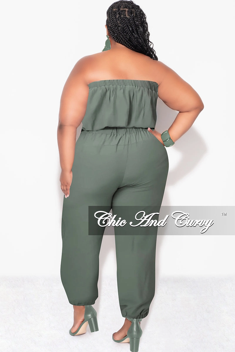 Minimal Cut Final Sale Plus Size Strapless Jumpsuit with Tie in Olive