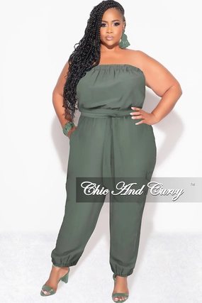 Cozy and Relaxed Final Sale Plus Size Strapless Jumpsuit with Tie in Olive