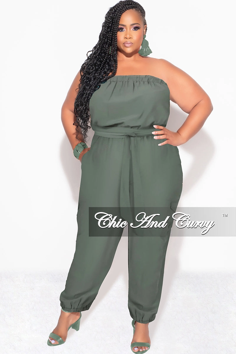 Cozy and Relaxed Final Sale Plus Size Strapless Jumpsuit with Tie in Olive