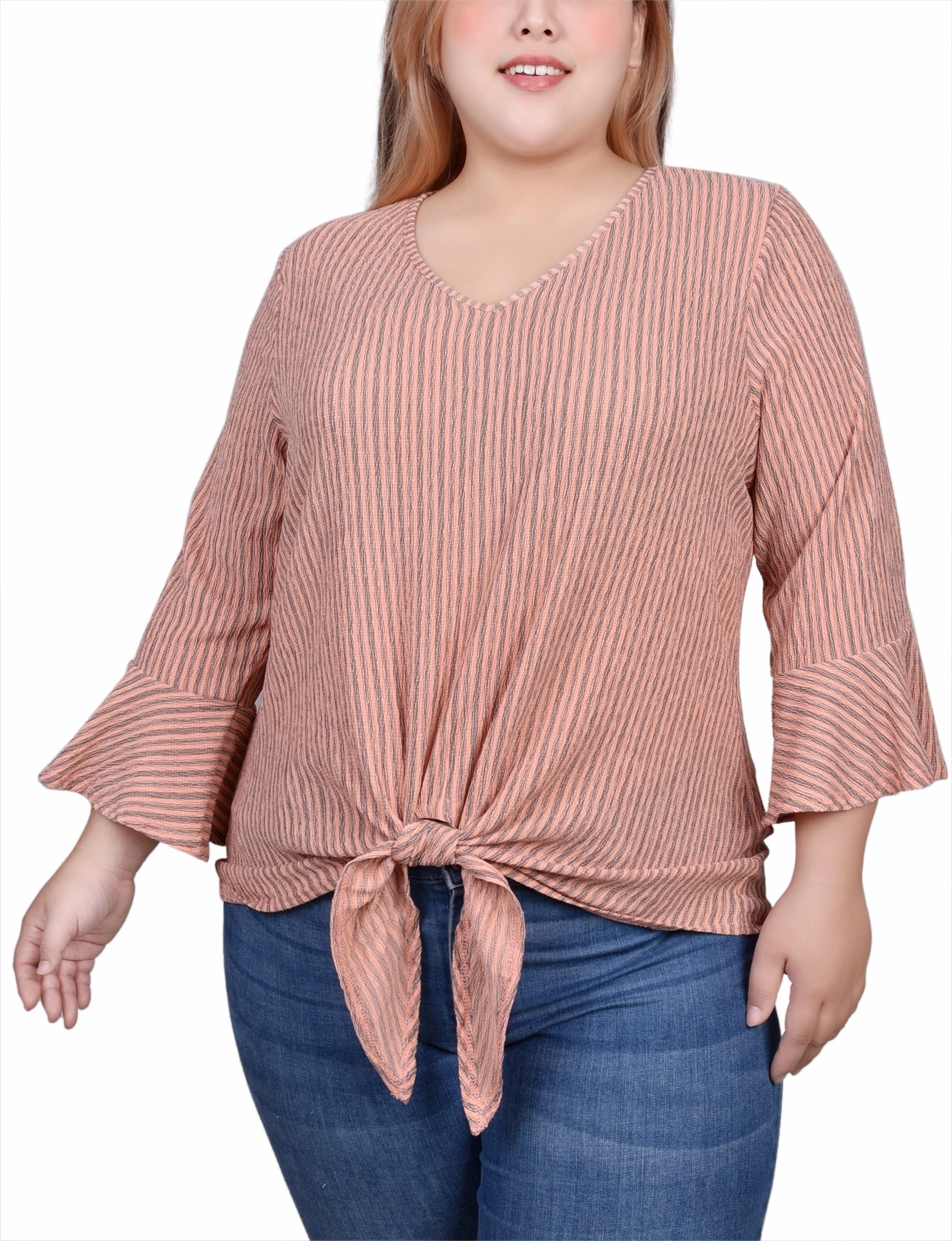 Reflective Detailing Plus Size 3/4 Bell Sleeve Textured Knit Top
