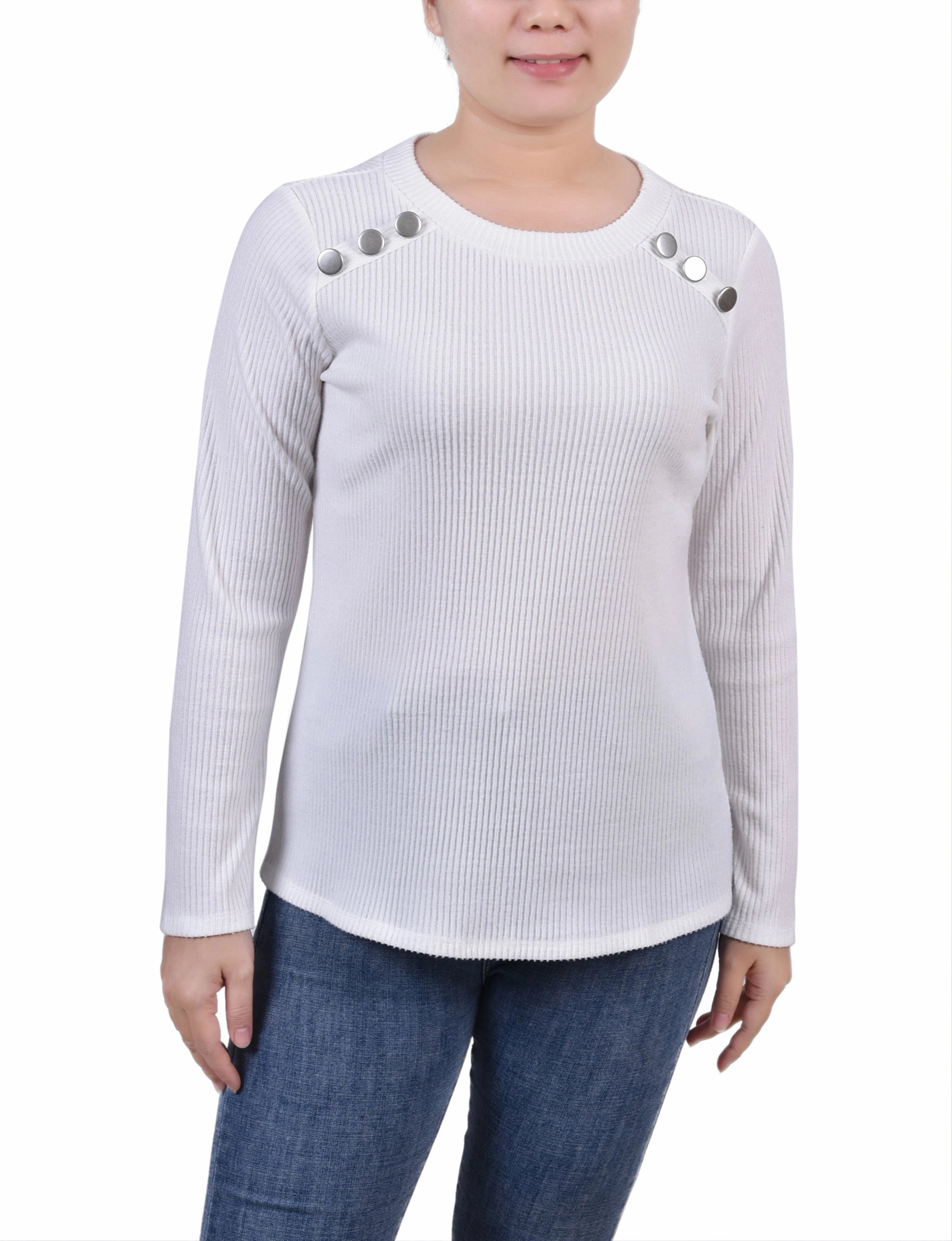 BreathableMeshInsert BrushedInnerLining Long Sleeve Ribbed Button Detail Top