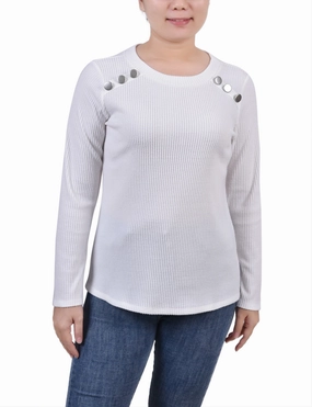 Long Sleeve Ribbed Button Detail Top Stretch Fit Top Stretch Waistband Design