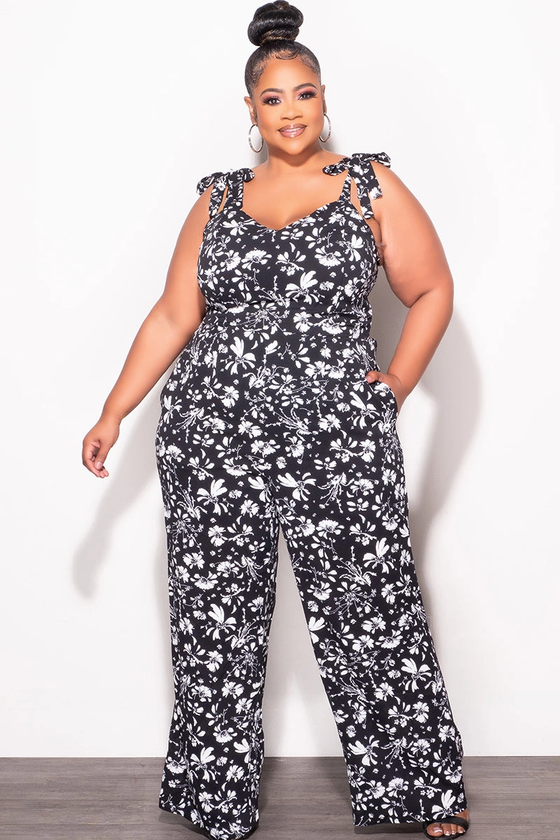 Final Sale Plus Sleeveless Jumpsuit with Tie Straps in Black and White Floral Print Casual Movement Recycled Polyester