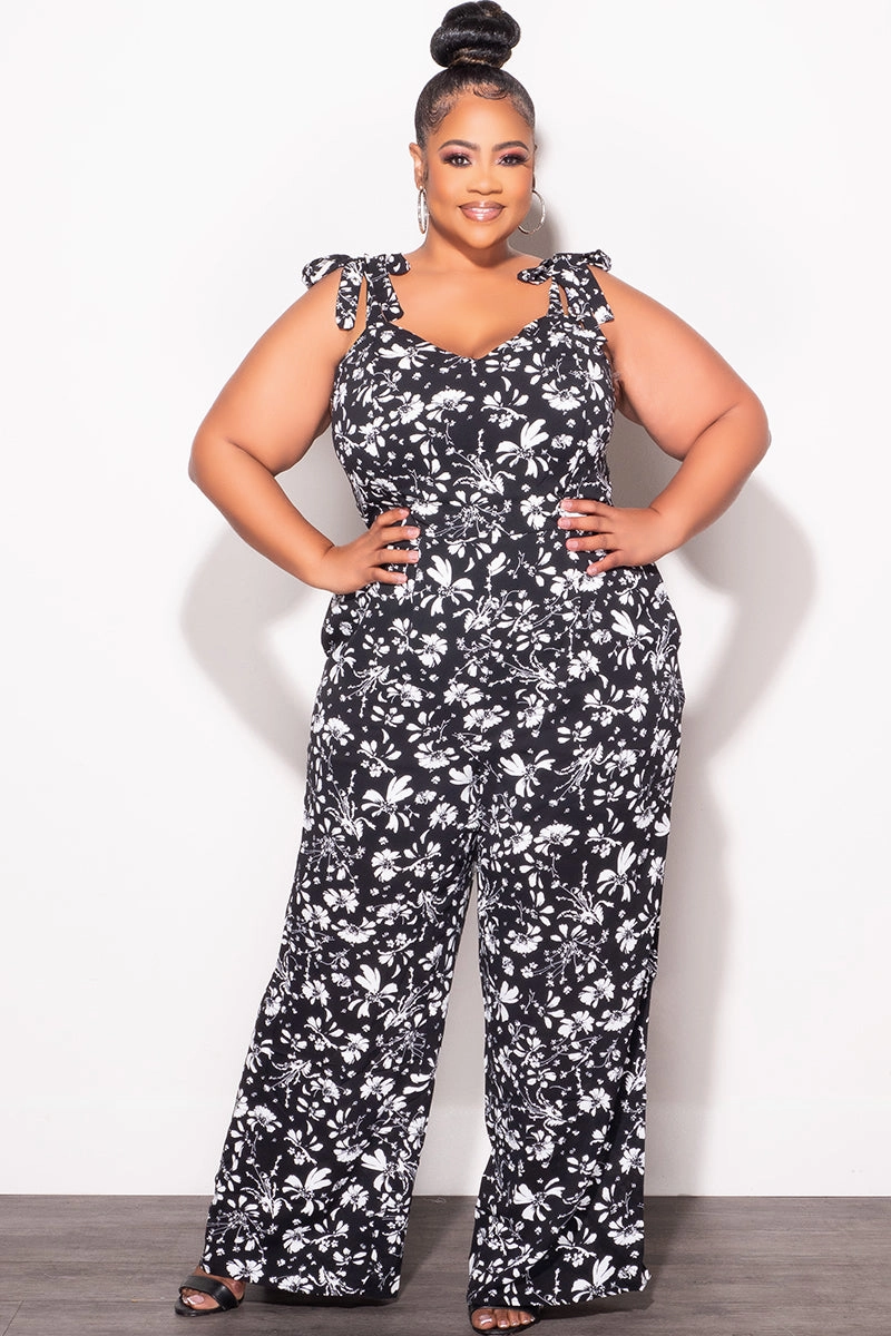 Button front Eco Friendly Fabric Final Sale Plus Sleeveless Jumpsuit with Tie Straps in Black and White Floral Print