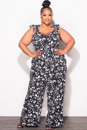 Button front Eco Friendly Fabric Final Sale Plus Sleeveless Jumpsuit with Tie Straps in Black and White Floral Print