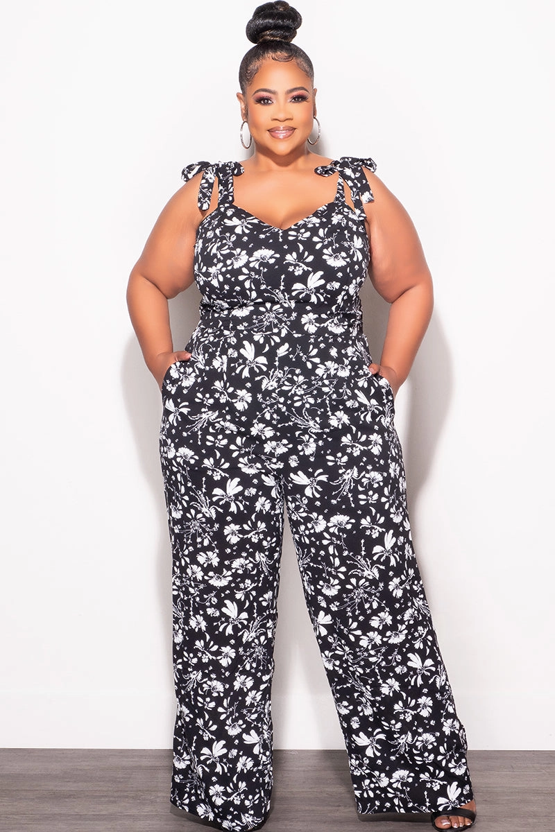 Final Sale Plus Sleeveless Jumpsuit with Tie Straps in Black and White Floral Print Flexible Knee Panels