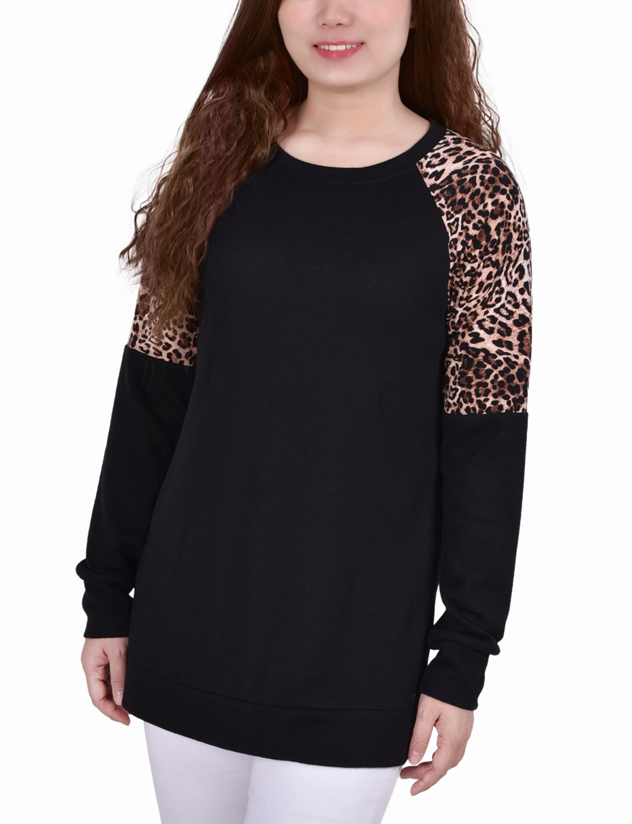 Long Raglan Sleeve Top With Animal Print Insets LayeredPanel ReflectiveDetails