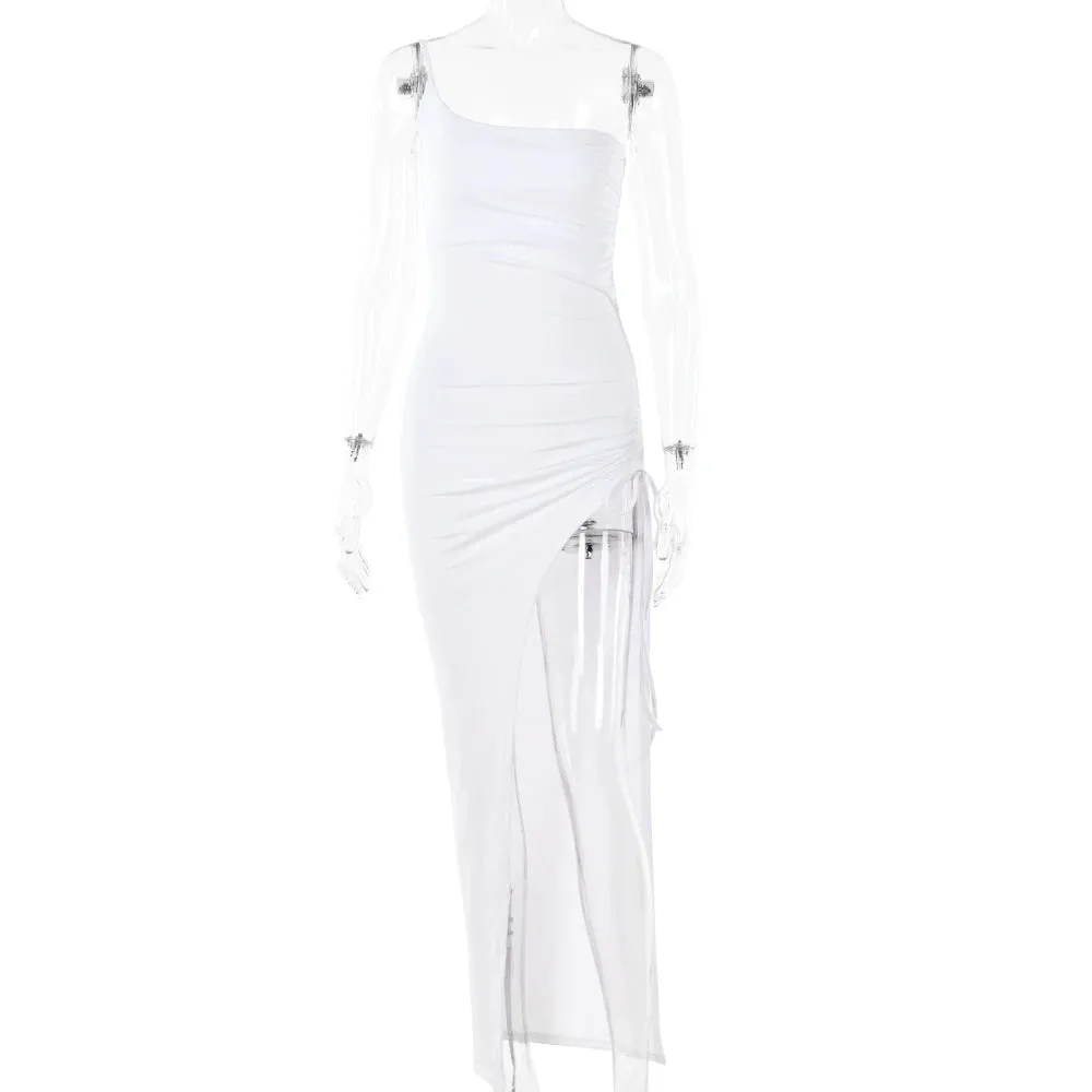 Drawstring High Slit Shoulder Slim Elastic Maxi Bodycon Dress