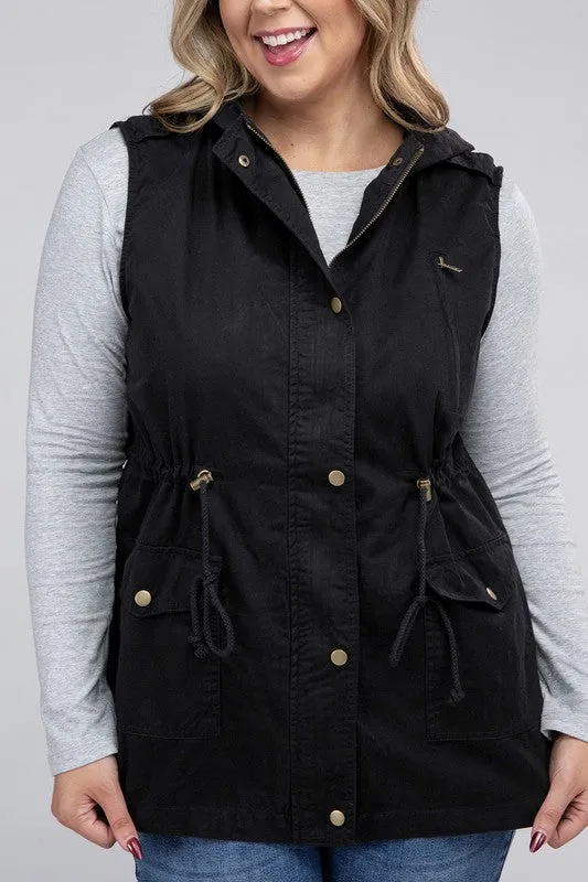 Drawstring Waist Military Hoodie Vest-Plus
