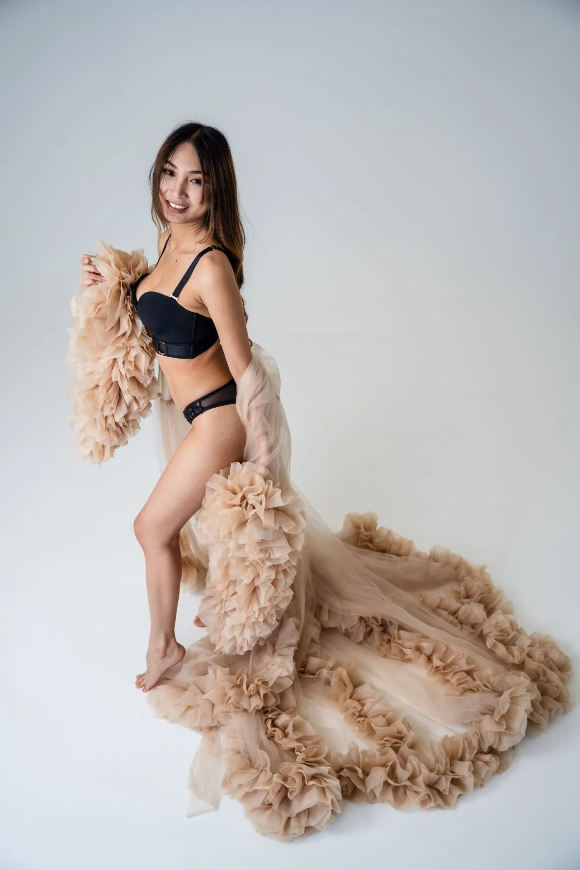 Dress Hire - Maternity Photoshoot Dresses - Lola - Beige Tulle Robe - 4 DAY RENTAL
