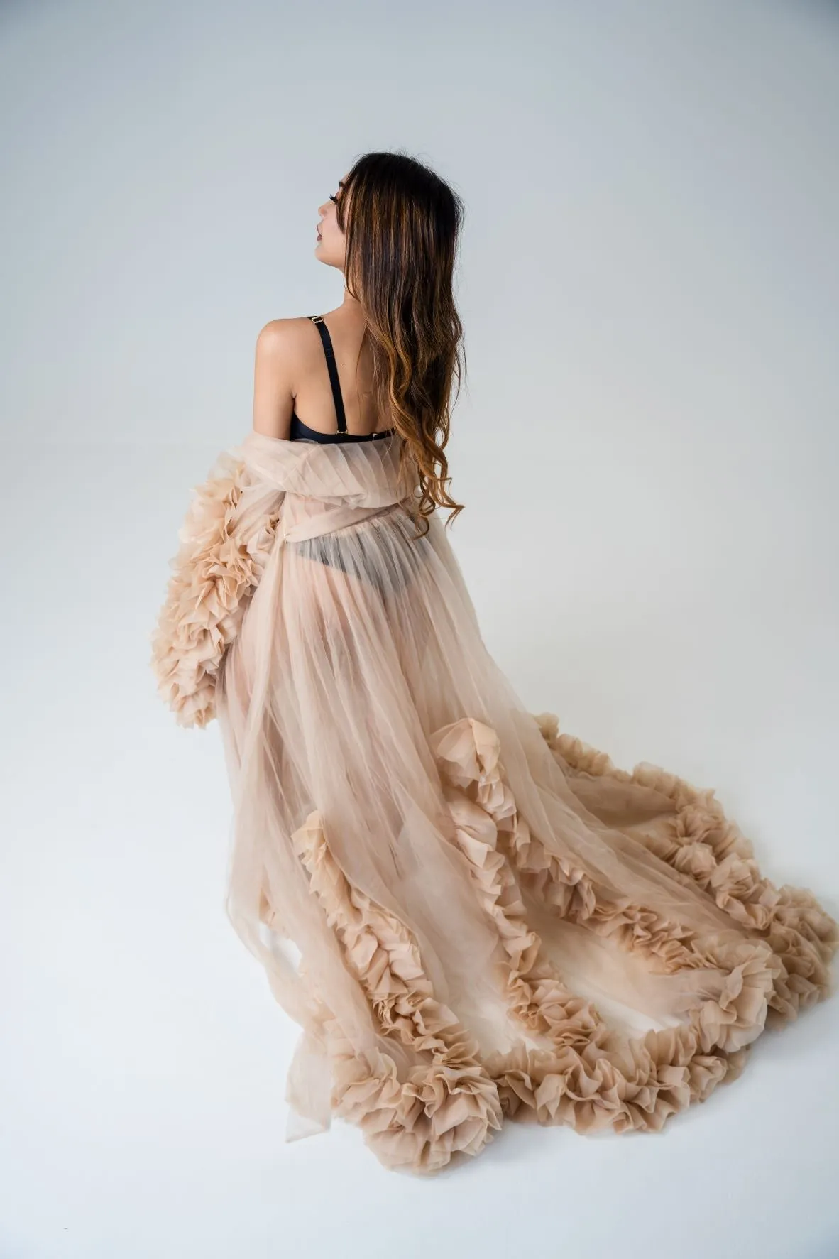 Dress Hire - Maternity Photoshoot Dresses - Lola - Beige Tulle Robe - 4 DAY RENTAL