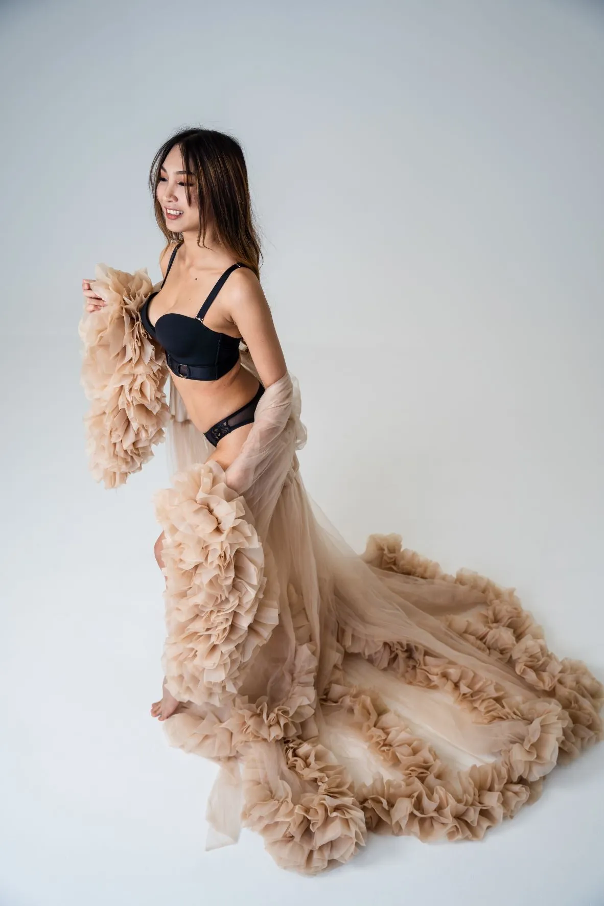 Dress Hire - Maternity Photoshoot Dresses - Lola - Beige Tulle Robe - 4 DAY RENTAL