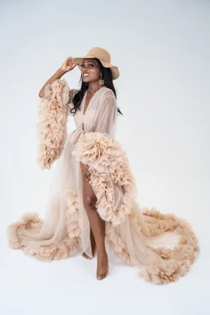 Dress Hire - Maternity Photoshoot Dresses - Lola - Beige Tulle Robe - 4 DAY RENTAL