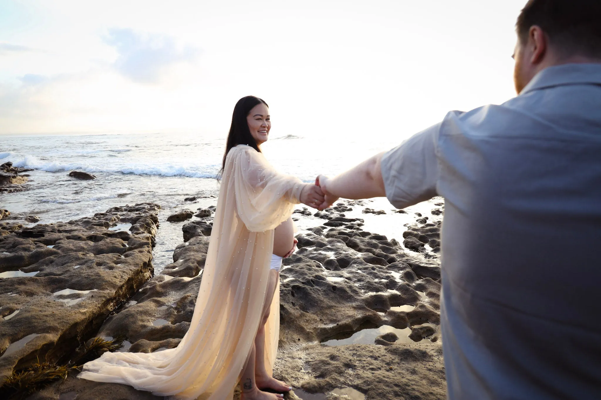 Dress Hire - Maternity Photoshoot Dresses - Romance - Champagne Tulle Robe - RENTAL