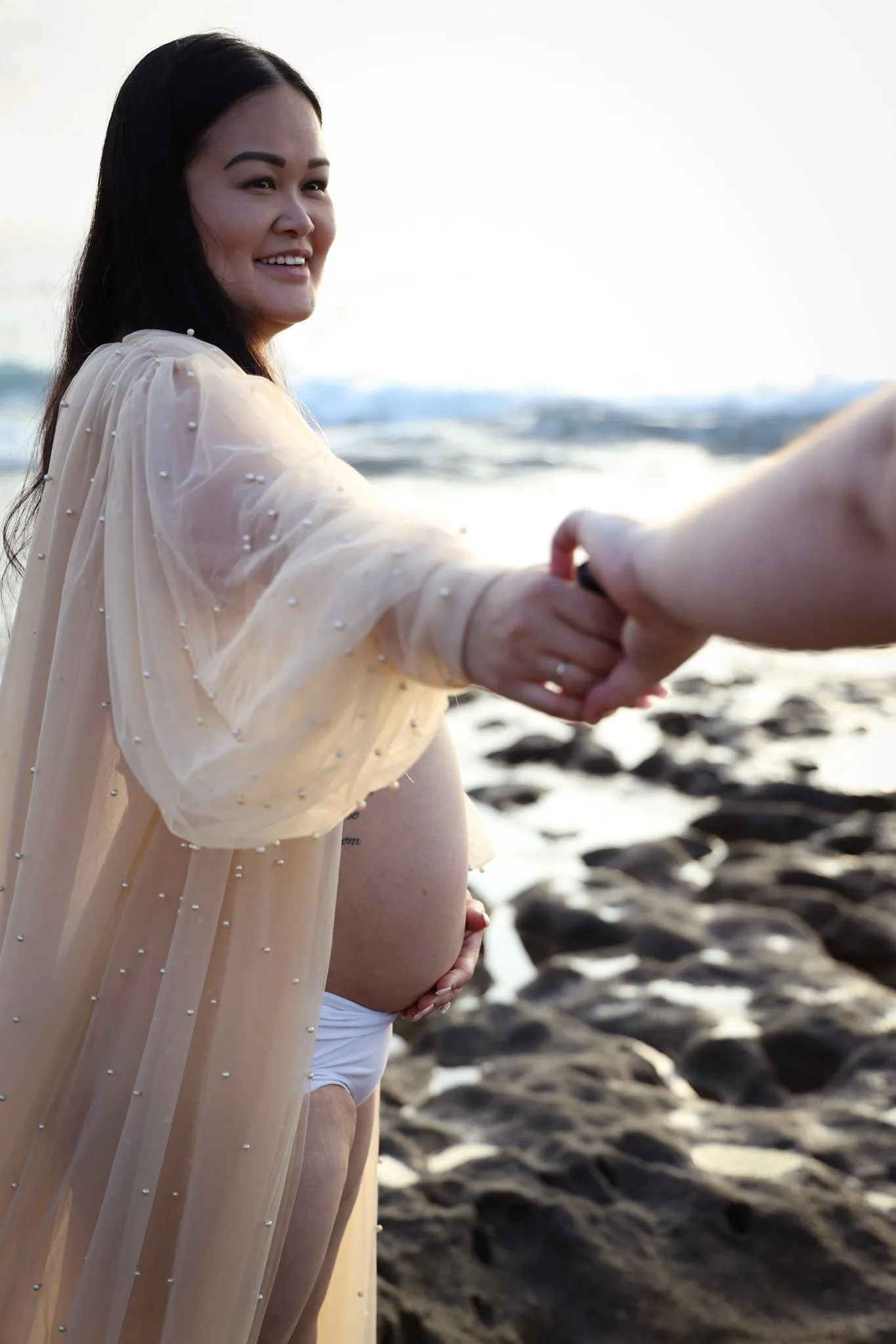 Dress Hire - Maternity Photoshoot Dresses - Romance - Champagne Tulle Robe - RENTAL