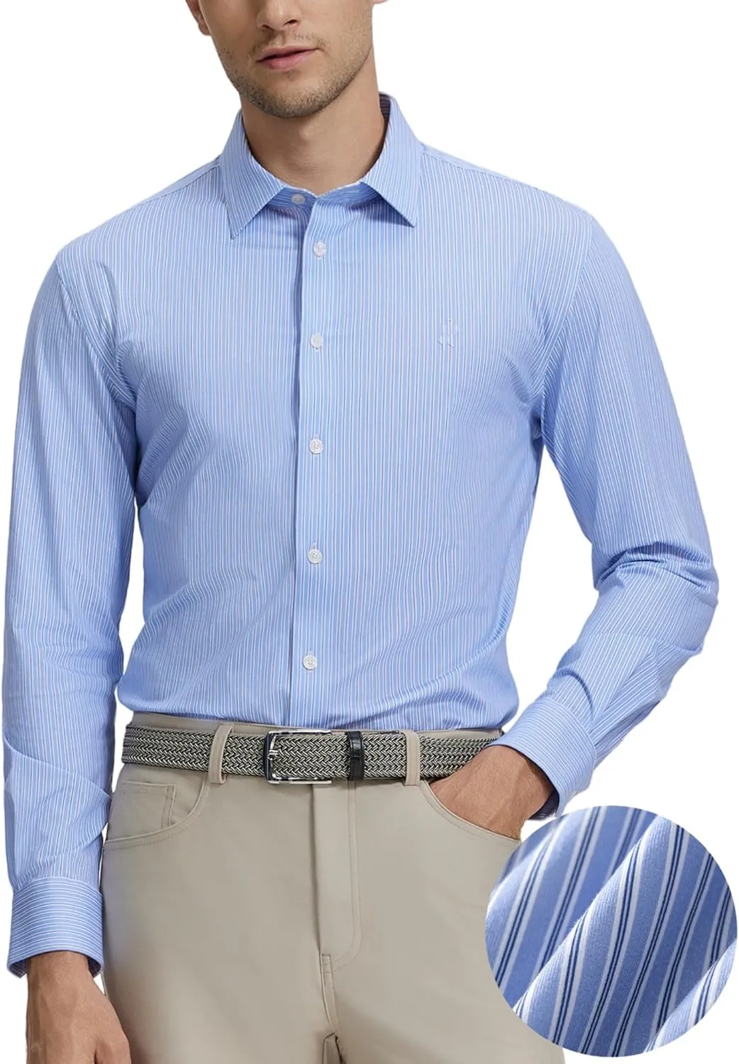 Dress Shirts for Men, 6-Way Stretch Wrinkle Free Non Iron Premium Striped Slim Fit Long Sleeve Button Down Shirt