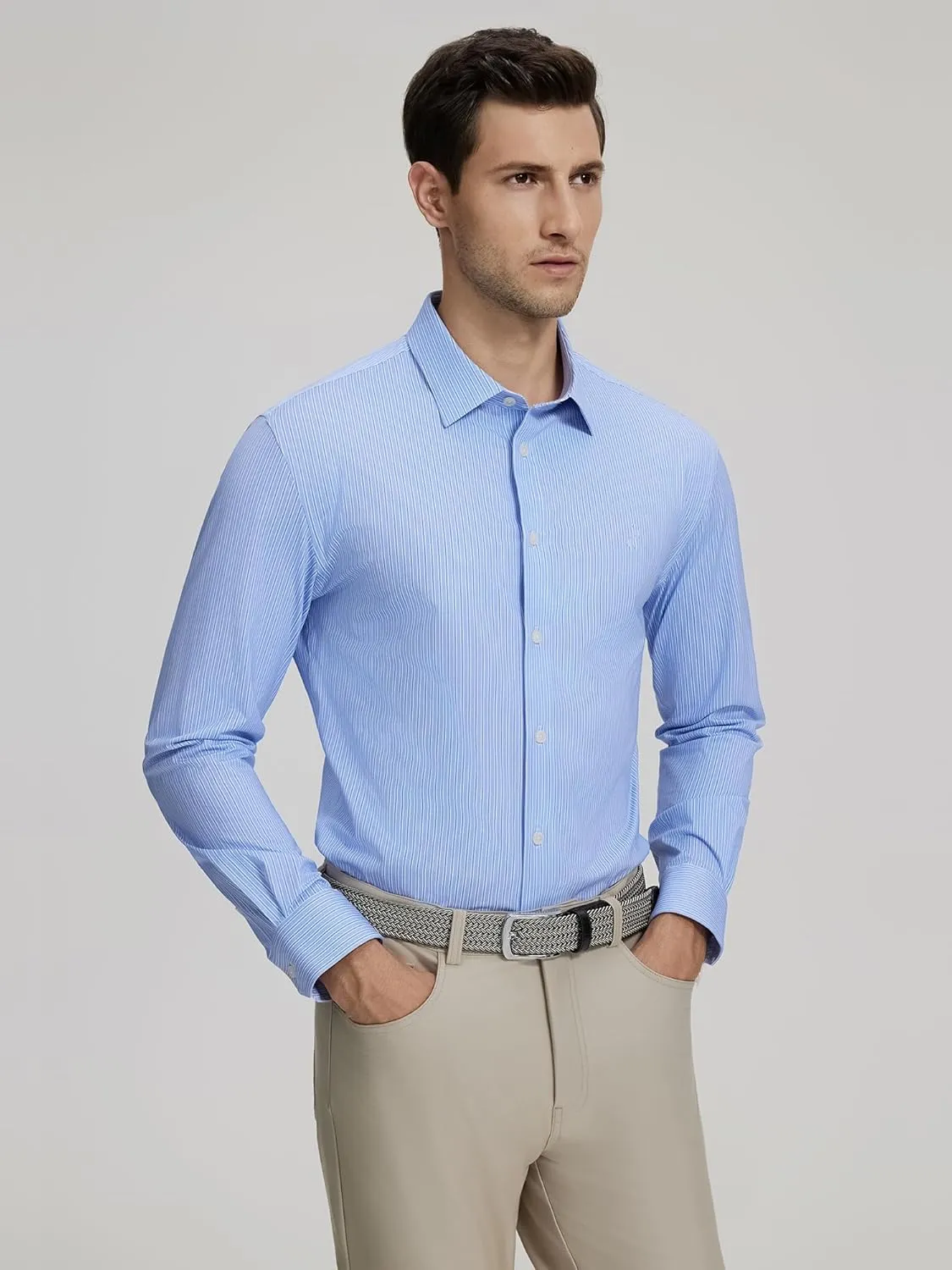 Dress Shirts for Men, 6-Way Stretch Wrinkle Free Non Iron Premium Striped Slim Fit Long Sleeve Button Down Shirt