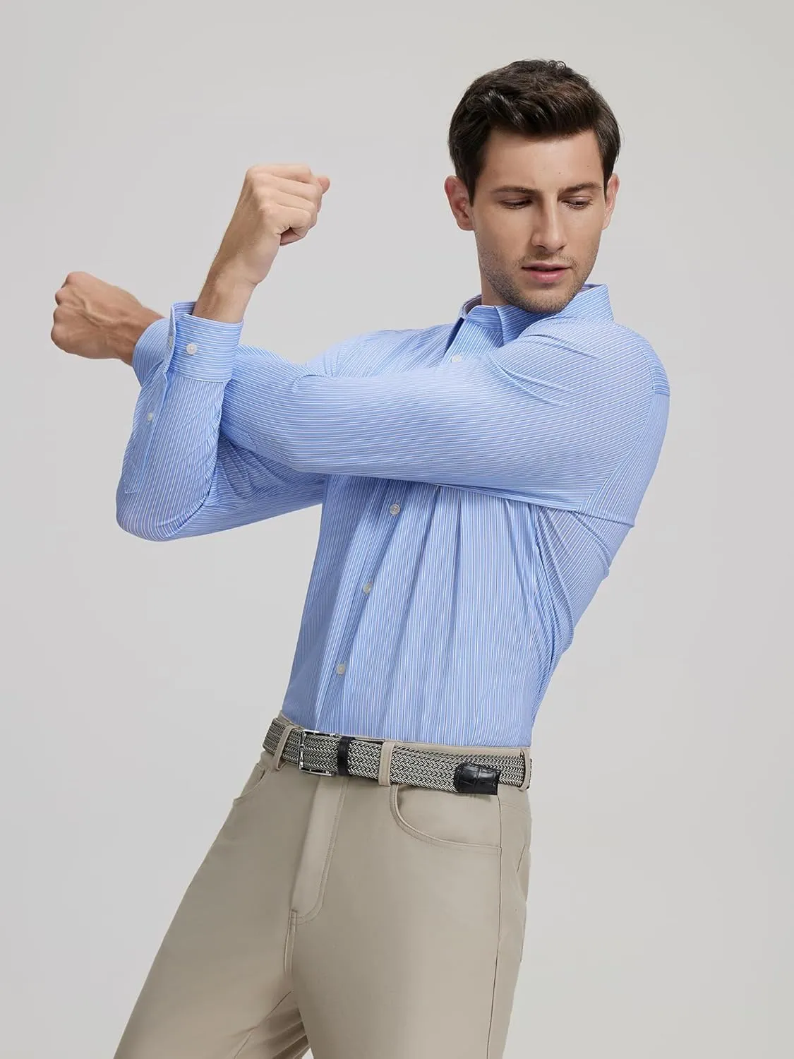 Dress Shirts for Men, 6-Way Stretch Wrinkle Free Non Iron Premium Striped Slim Fit Long Sleeve Button Down Shirt
