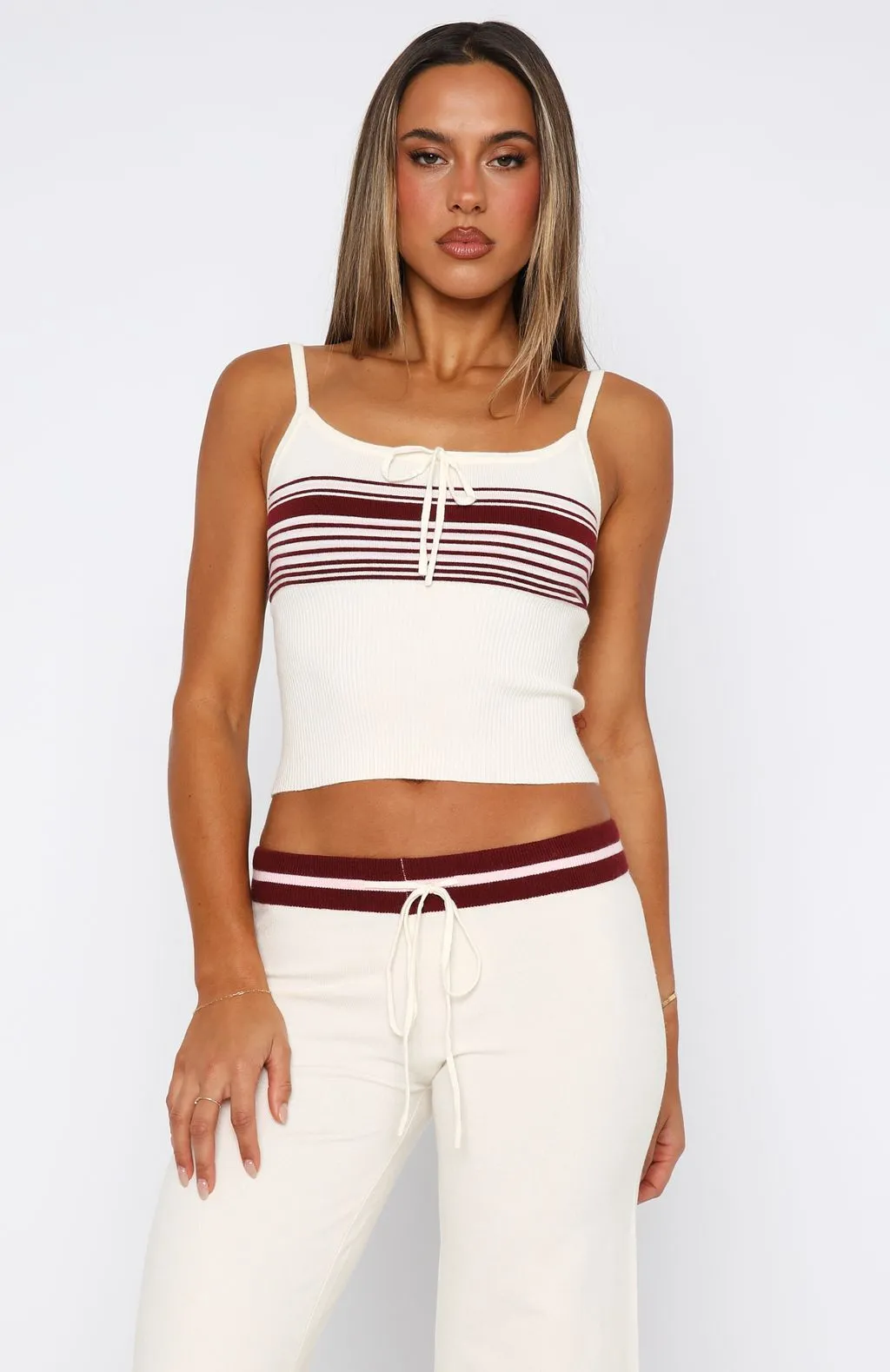 Keep Driving Knit Cami Top Burgundy Stripe Trendy Cardigan