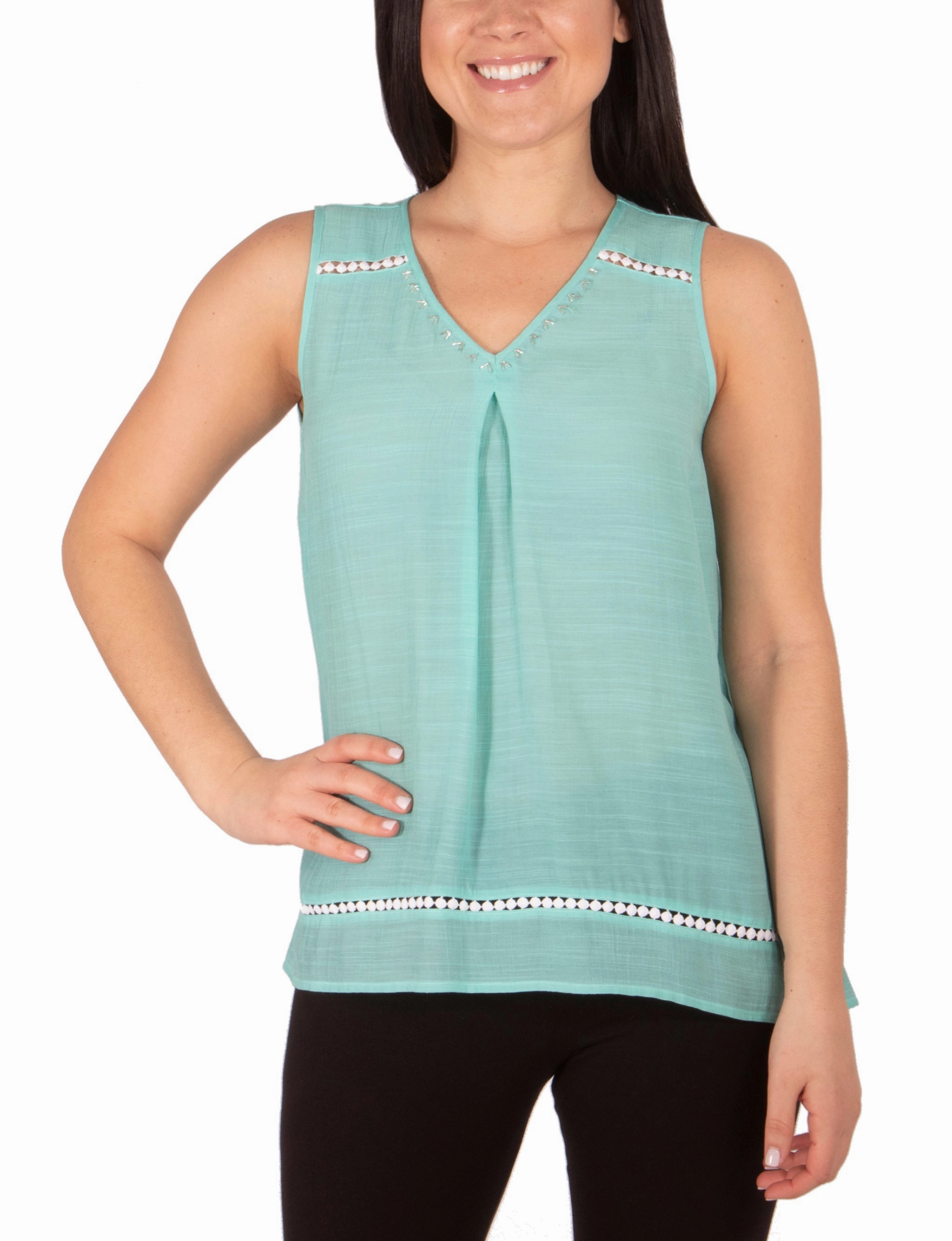 Petite Sleeveless V Neck Blouse With Beads And Trim LayeredNeckline