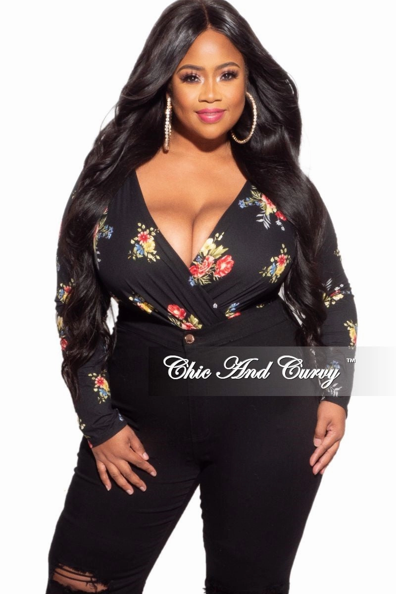 Final Sale Plus Size Long Sleeve Faux Wrap Bodysuit in Black Floral Print Seamless Technology
