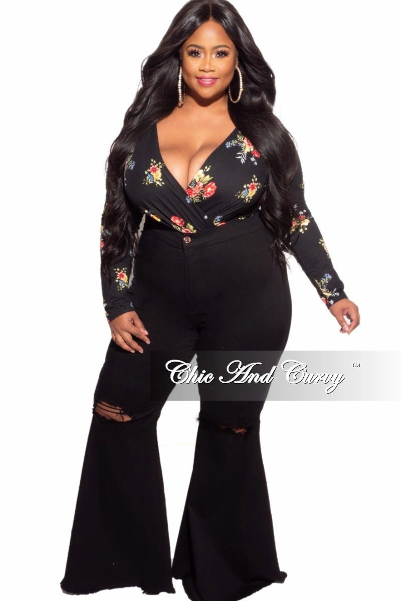 Four Way Stretch Final Sale Plus Size Long Sleeve Faux Wrap Bodysuit in Black Floral Print