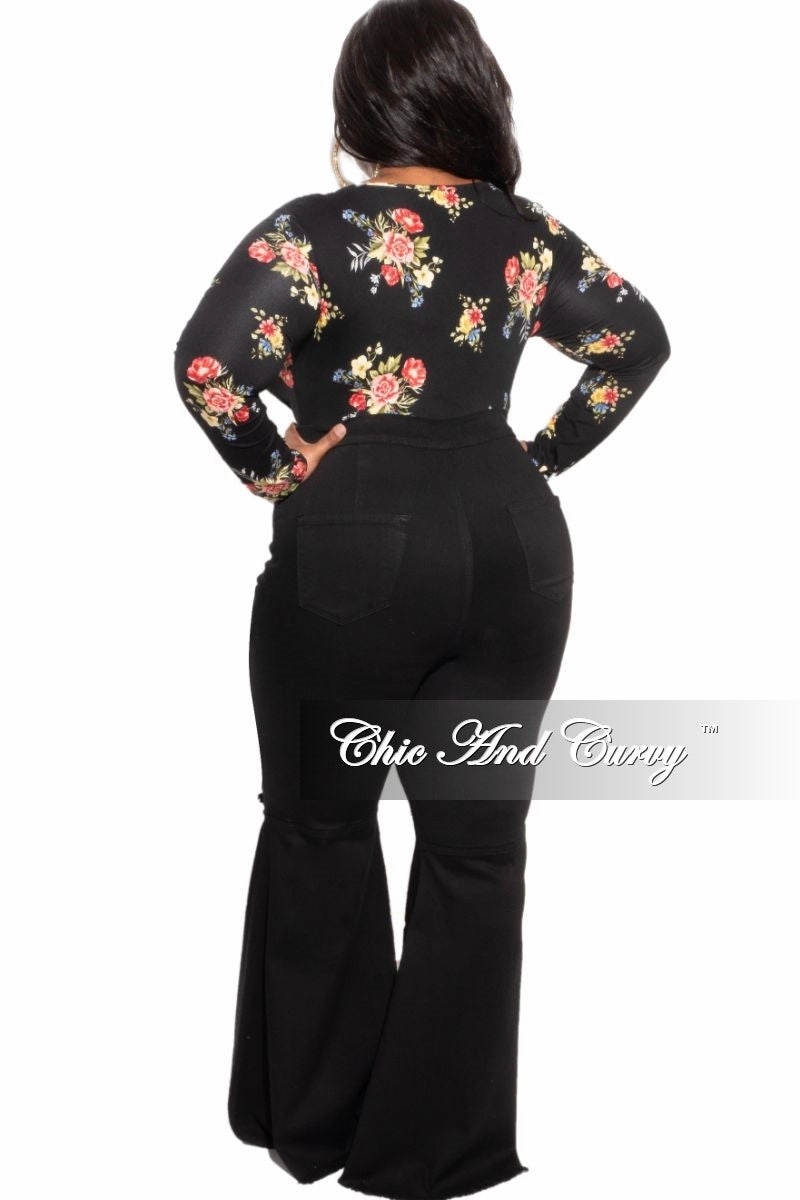 Final Sale Plus Size Long Sleeve Faux Wrap Bodysuit in Black Floral Print ReflectiveAccentDetails QuickReleaseClosures