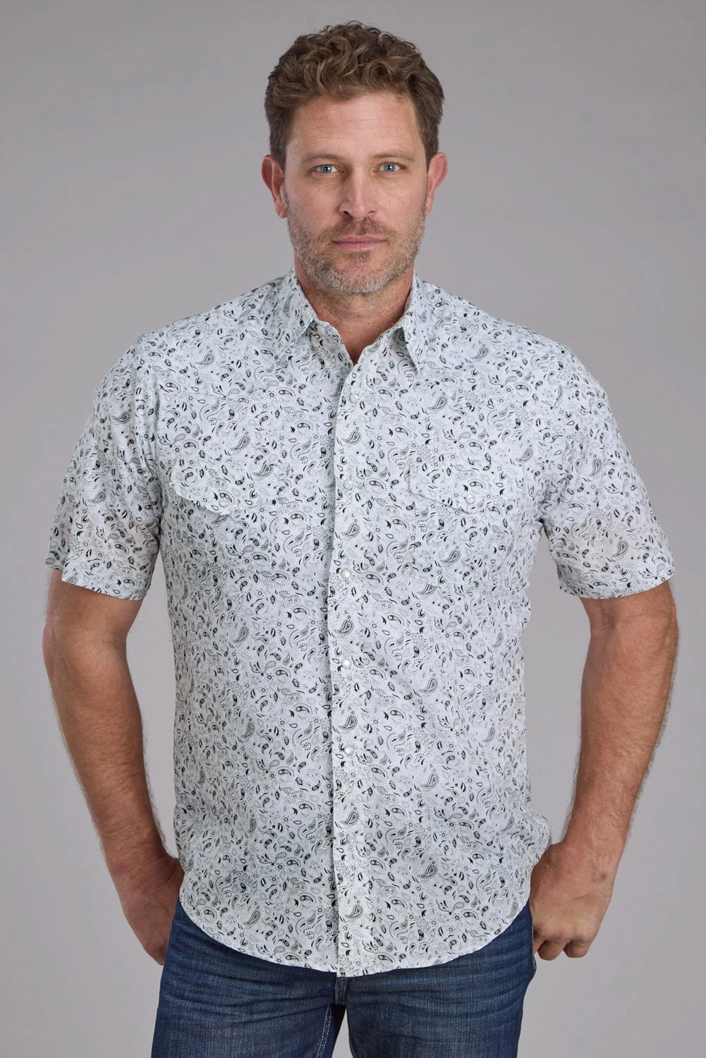 Spring Trend Anniversary Celebration Roper Mens 2428 Paisley Black/White Cotton Blend S/S Shirt