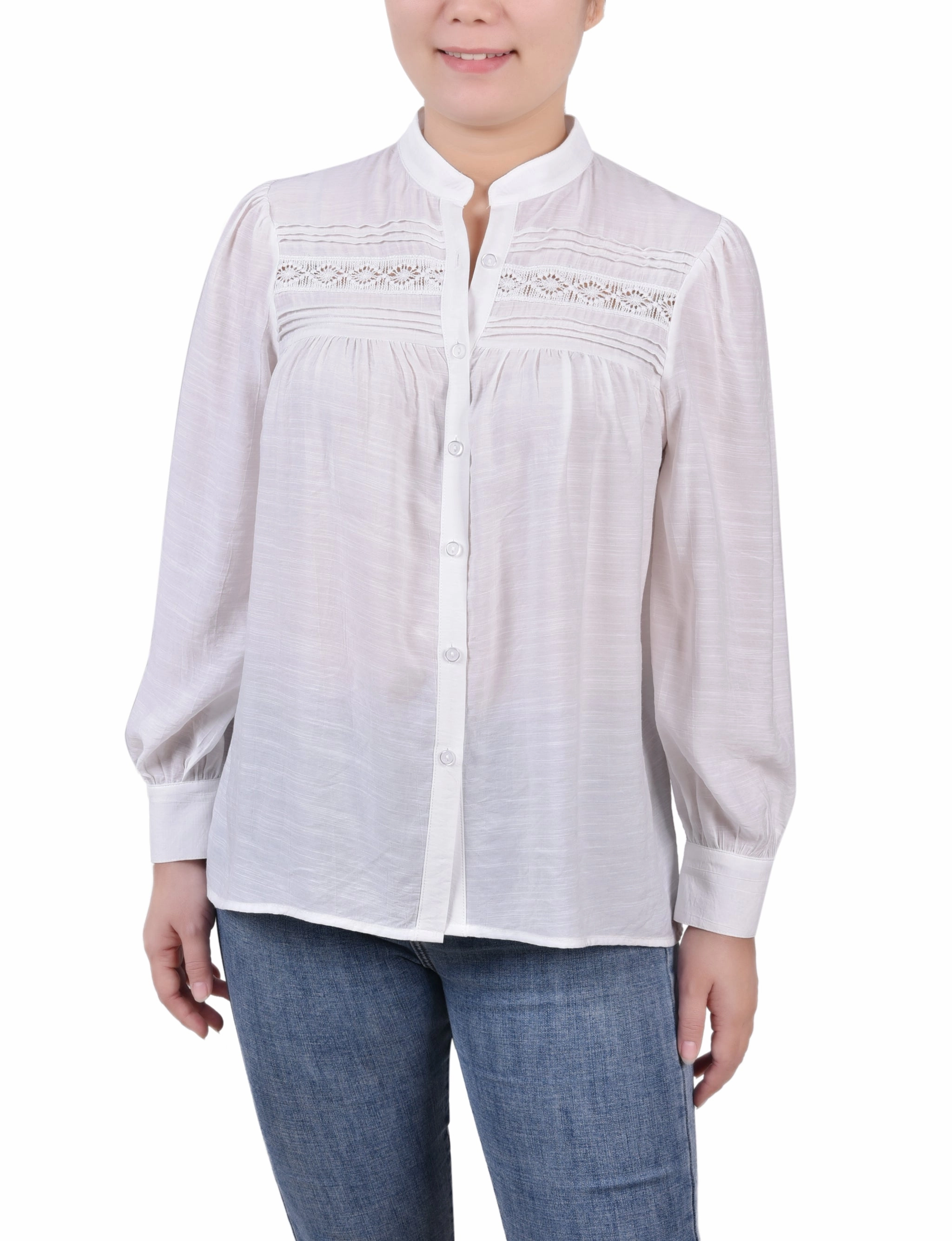 Scoop Neck Shape Curved Hem Design Long Sleeve Crochet Blouse