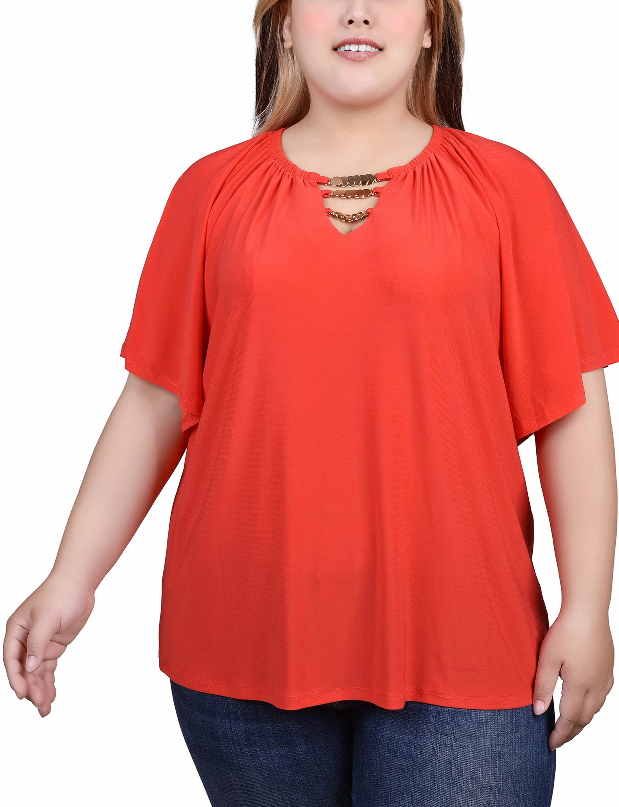 Professional Look Tapered Side Panels Plus Size Raglan Sleeve Top With Chain Details