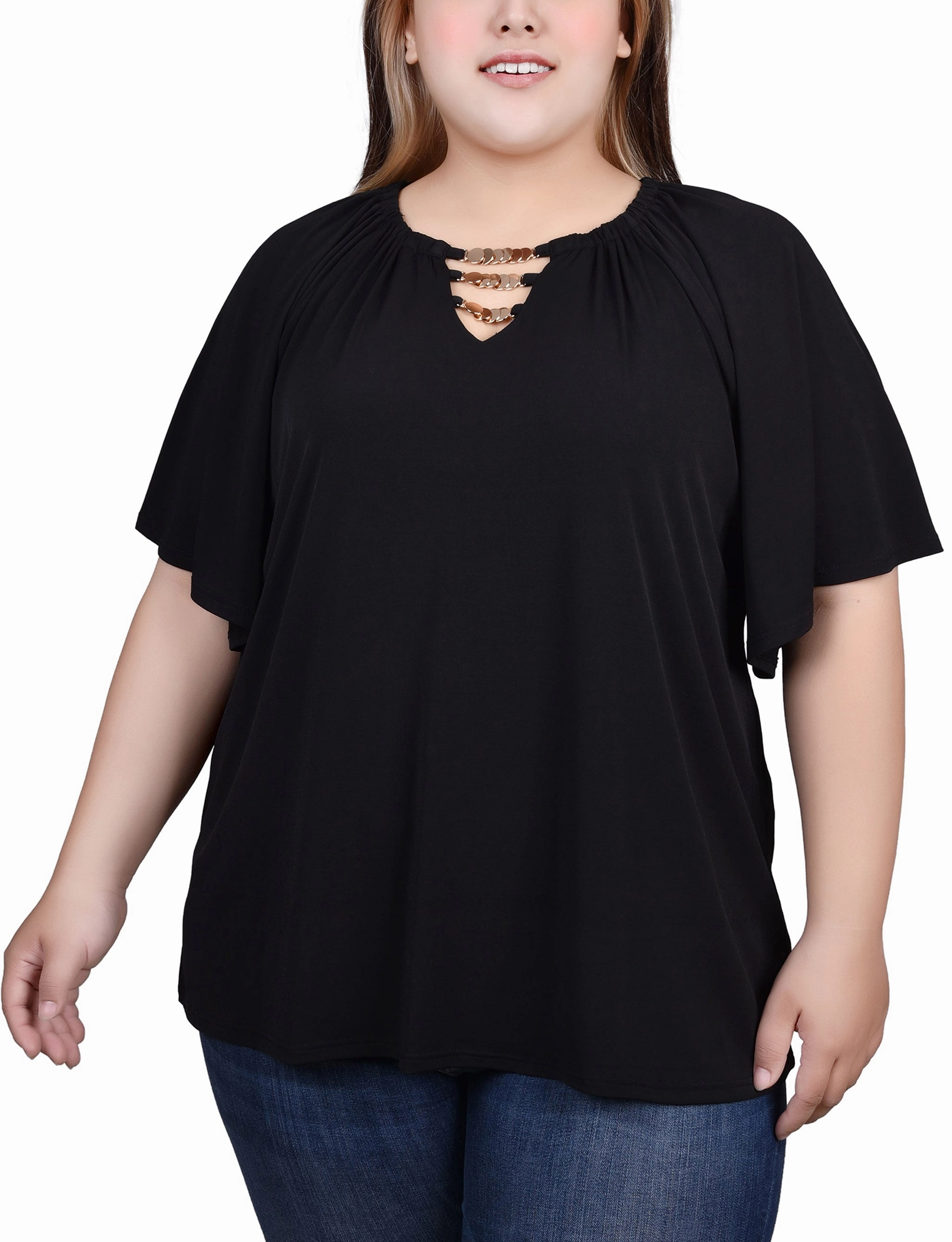 Plus Size Raglan Sleeve Top With Chain Details Tagless Labeling Layered Hem Detailing